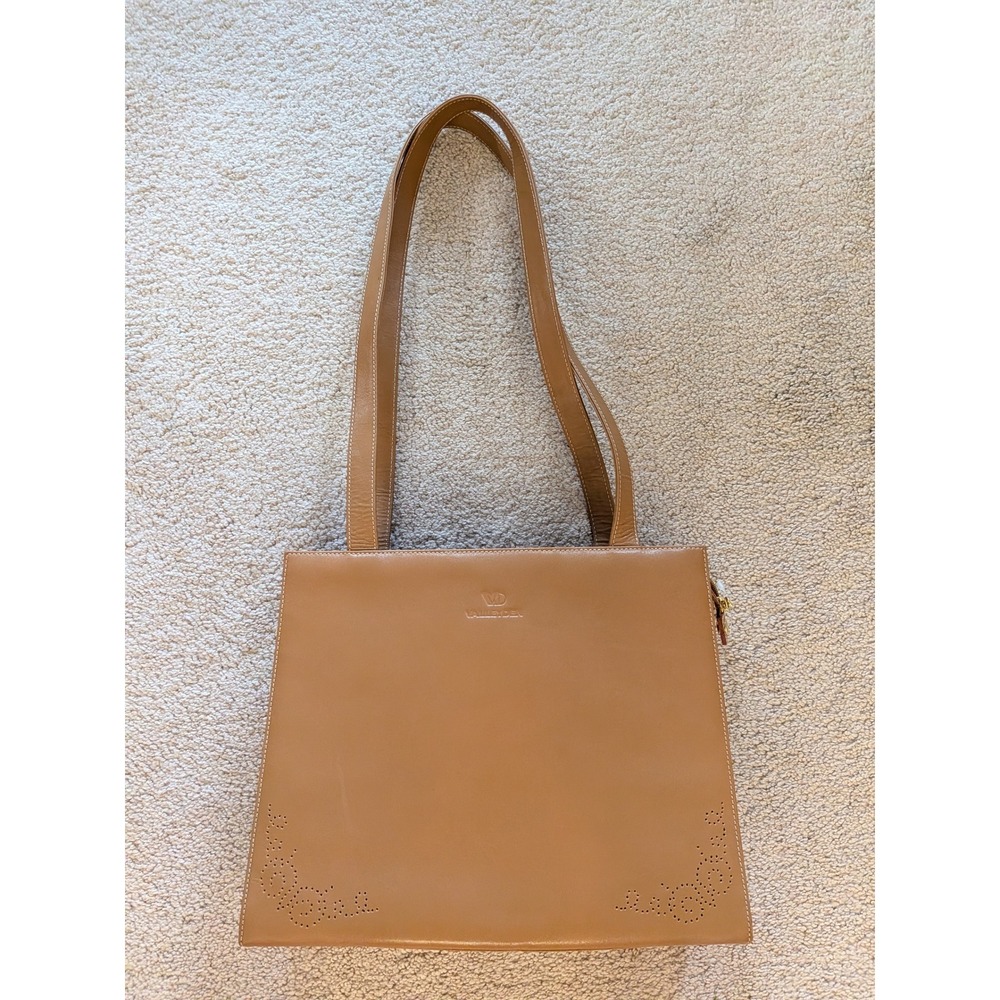Vintage Valleyden Tan Leather Shoulder Bag Perforated Scroll Quiet Luxury Tote